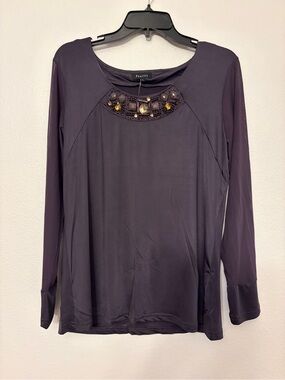NWT Panitti Grey Beaded Neck Long Sleeve Top L